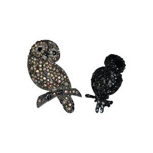 Aurora Borealis Rhinestone Owl Silvertone Brooches AB, Lot Of 2 Unmarked